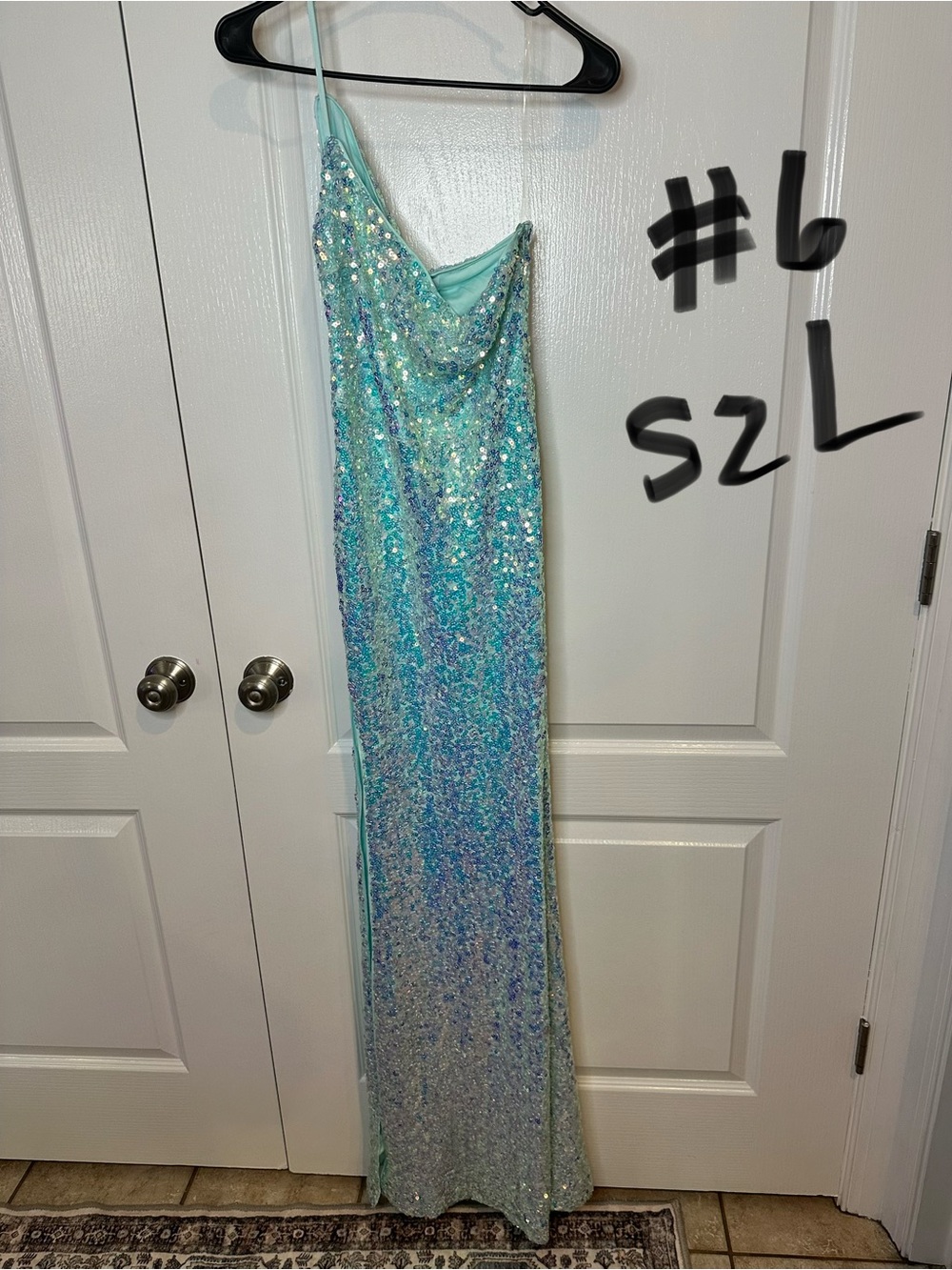 Sequin Spaghetti Strap Gown in Aqua Blue